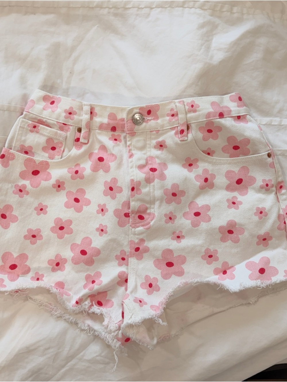 PacSun White Denim Shorts with Pink Flowers